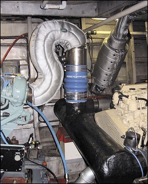 Detroit Series 60 - 6" dry riser to 8" wet mixer to 10" FRP tube collector to twin 6" outlets to stern - Right side of pics show 100% dry aux exhaust thru side of vessel - 90 Ft Aluminum converted crew boat